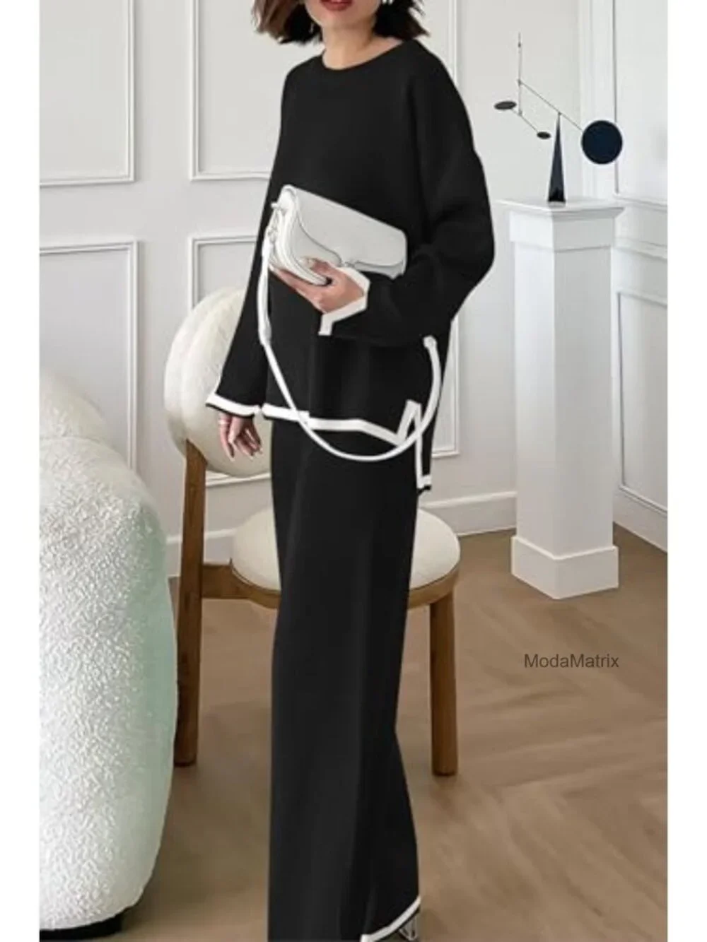 Women's 2 Piece Knit Sweater Set Long Sleeve Pullover High Waist Wide Leg Pants